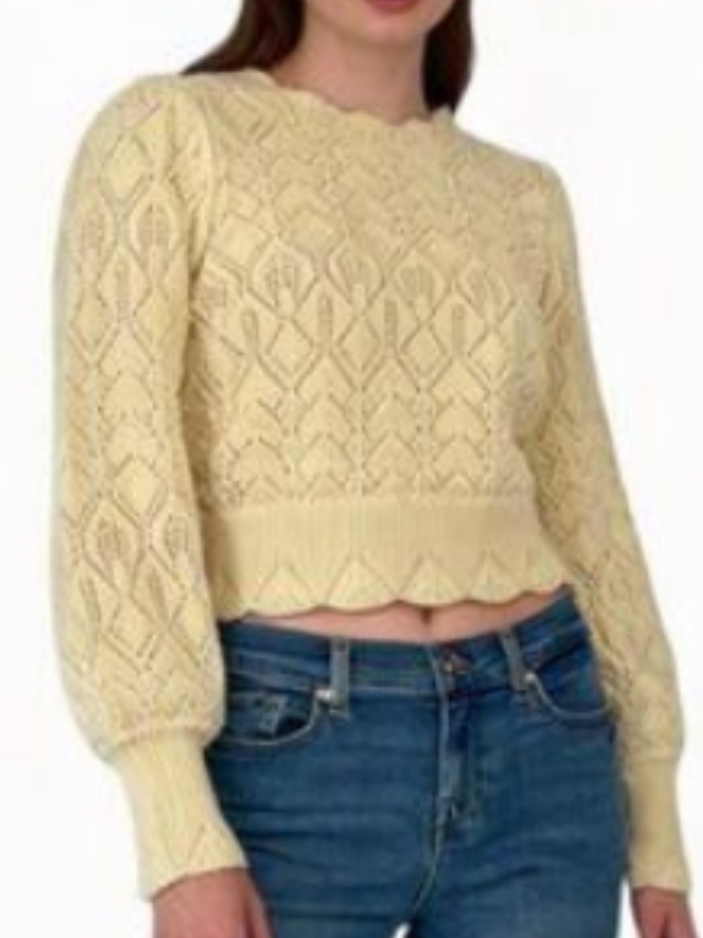 Joie pale yellow intricate knit puff sleeve sweater size M